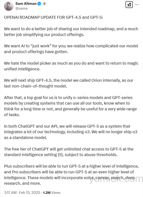 Openai火力全开，sam Altman公布gpt 4.5和gpt 5路线图