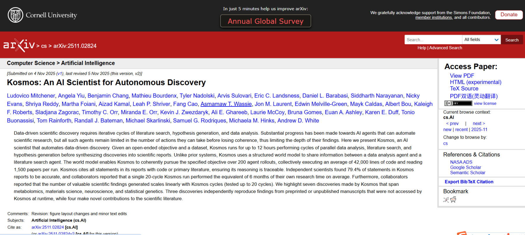 Ai科学家kosmos登场：12小时抵人类半年工作量，科研范式加速演进