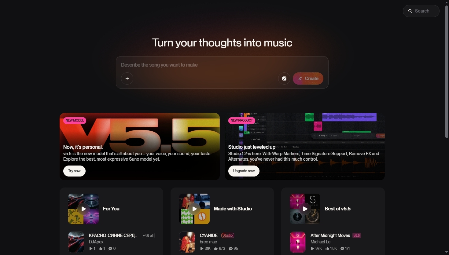 Suno v5.5 主界面 Turn your thoughts into music