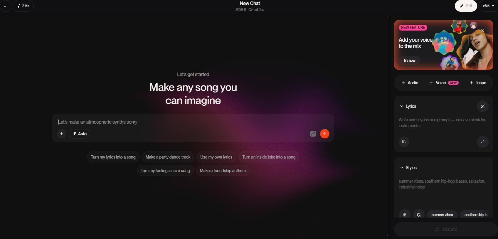 Suno v5.5 创作界面 Make any song you can imagine